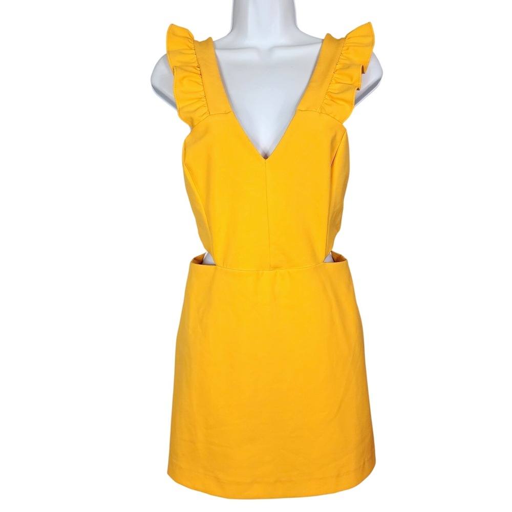 ZARA Size 4 Trafaluc Yellow Cutout Ruffled Mini Playsuit Romper Deep Plunge EUC